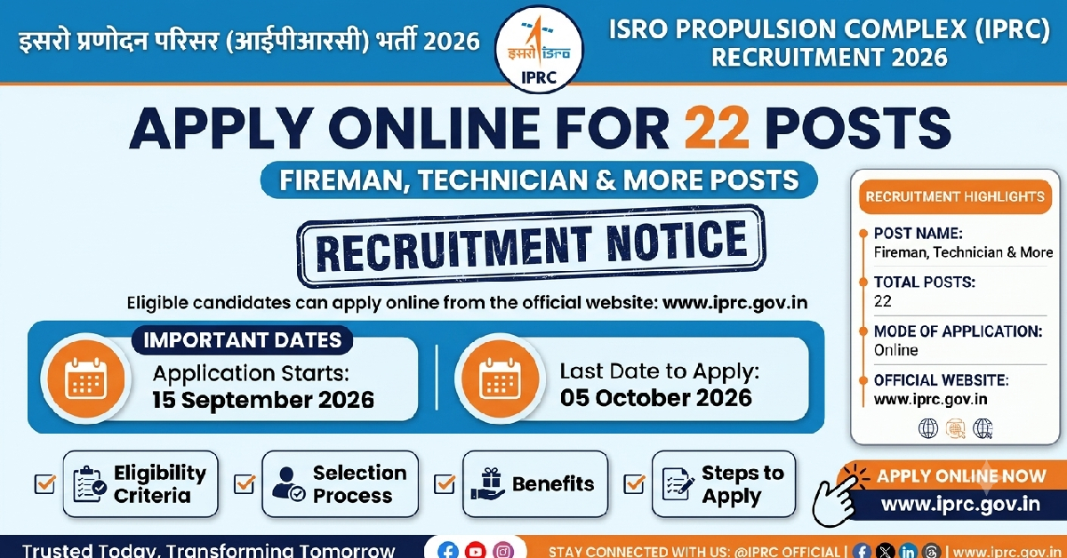 ISRO IPRC Recruitment 2026 22 Fireman, Technician More Posts